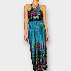 70s Teal‎ and Floral Halter Top Maxi Dress